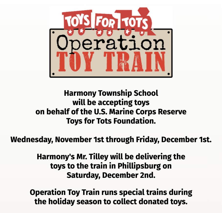 Starting today, our school will be collecting donations for Toys for Tots! New, unopened toys will collected through December 1st. 🚂 💛 💙