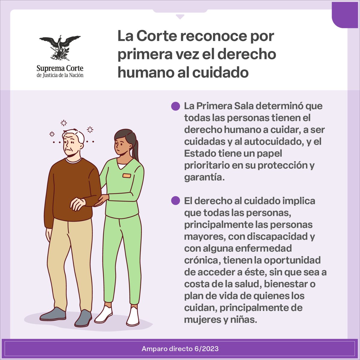 Al reconocer el derecho humano al cuidado #LaCorte determinó que las labores de cuidado no deben recaer por mandato de género en las mujeres y que se deben adoptar medidas para que el Estado proporcione servicios de cuidado en condiciones dignas.

#LaCorteContigo
#EsSentencia