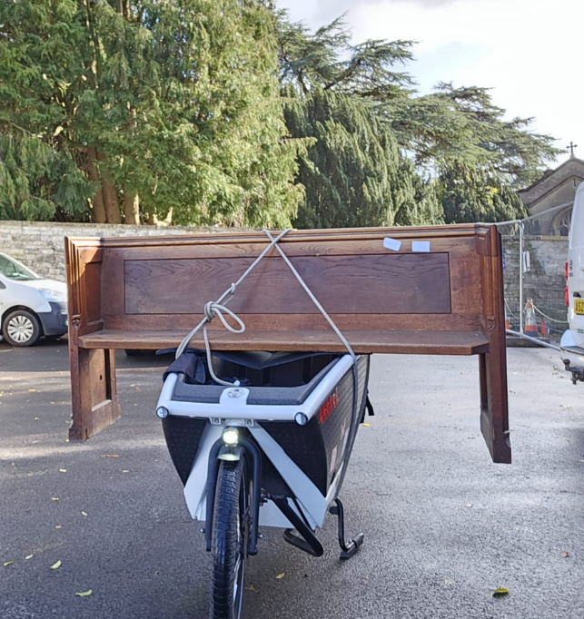 Things you can carry on a cargo bike..... a pew! I will add this is transportation not a long term seating solution ;-) <a href="/SaskiaHeijltjes/">Saskia Heijltjes</a> <a href="/theJeremyVine/">Jeremy Vine | Here, on Tiktok, Insta & Facebook</a> #cargobike #cycling
