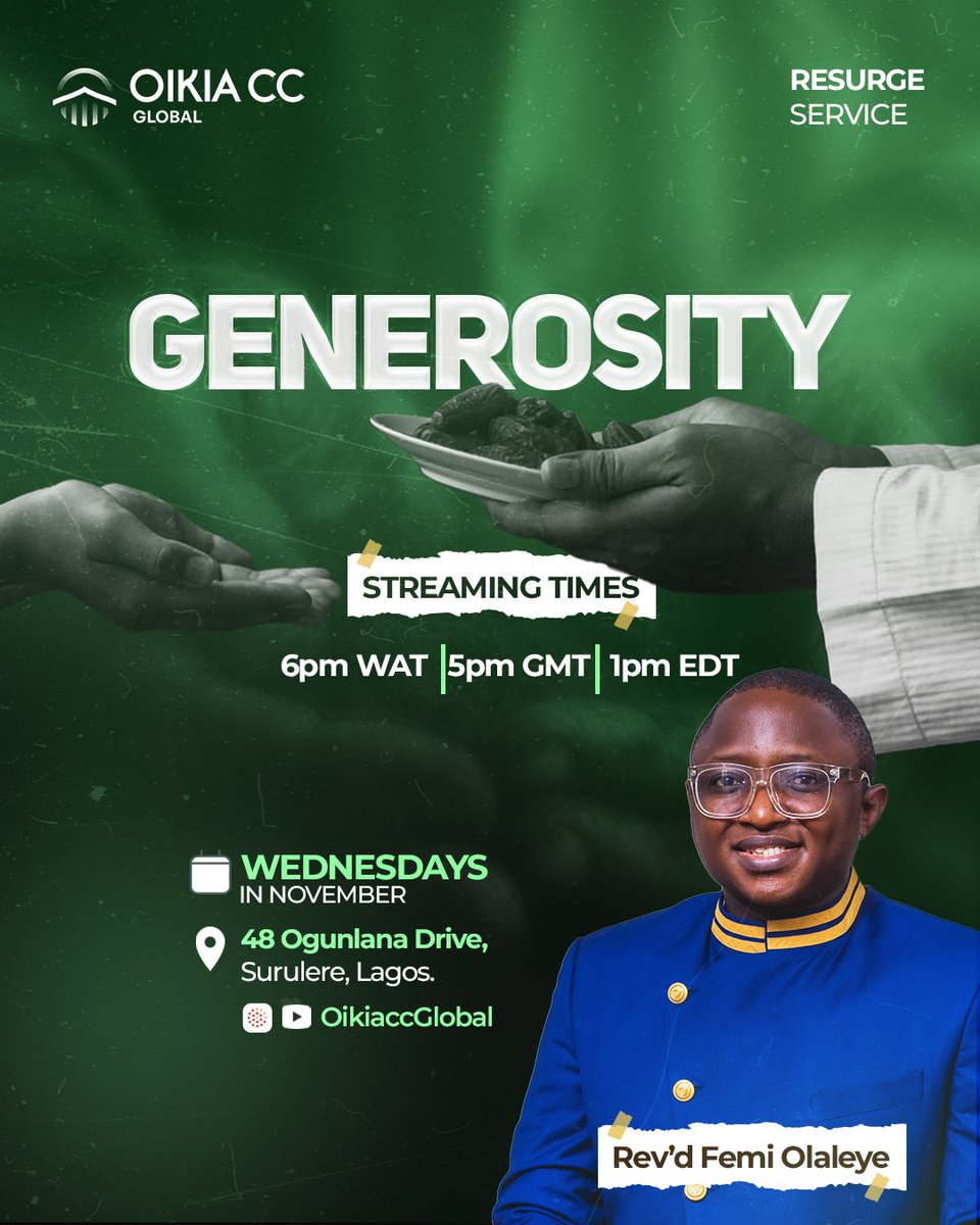 oikiaccikeja's tweet photo. It’s Resurge!

Every Wednesday this November at Oikia, we would be challenged, inspired, and transformed through our study on ‘Generosity.’

We will explore God’s perspective on giving, cultivate generous hearts, and experience the true fulfillment of living a life of generosity. https://t.co/i1u0BnMw5d