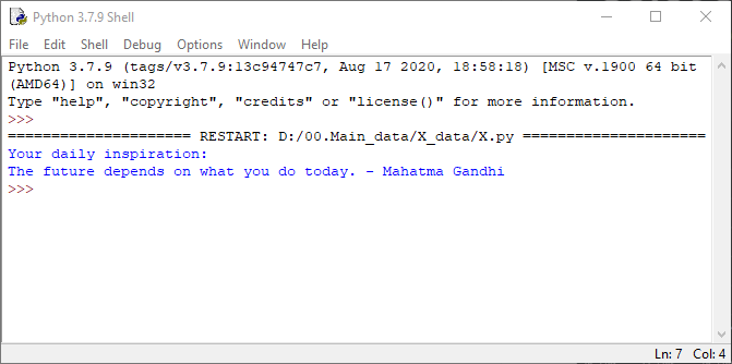 namsonvo2's tweet image. **GN Tip:** generates a random inspirational quote each time you run it
SCRIPT:
RESULT:
🚀📷 #PythonMagic #CodingSimplicity