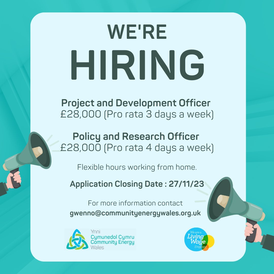 📢📢📢Green Job Alert!

Want to tackle climate change and revitalise Welsh communities?

Two exciting roles with Community Energy Wales.

⚡️Project and Development Officer
⚡️Policy and Research Officer

Get in touch for a job description and more information on how to apply.