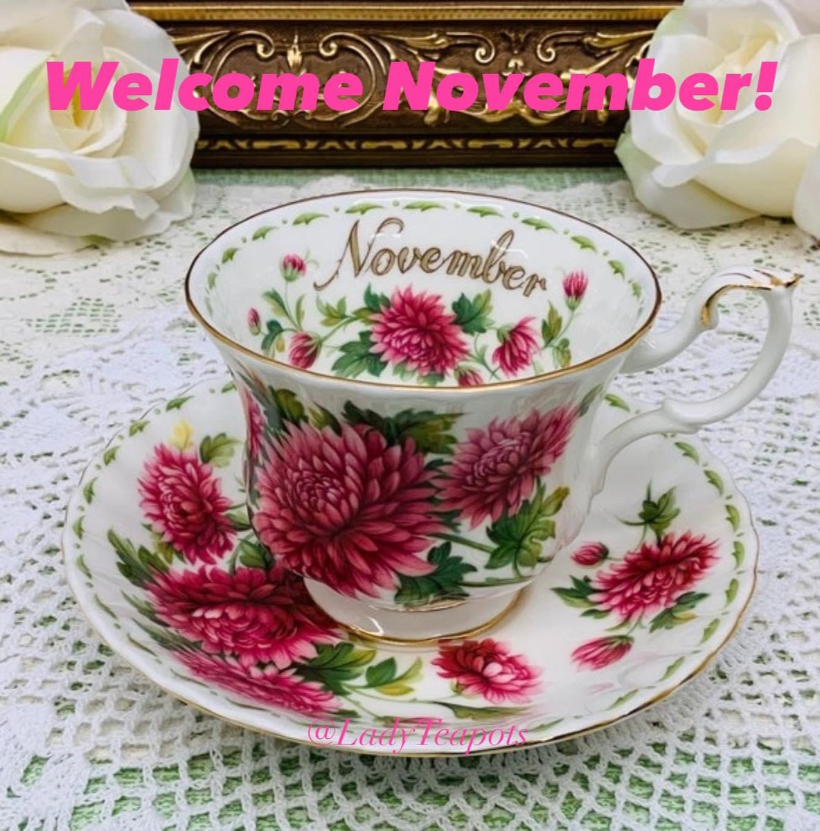 Happy November! 🌿🌺🌿🌺🌿🌺🌿🌺🌿 Chrysanthemum teacup and saucer from Royal Albert, flower of the month series. Made in England.