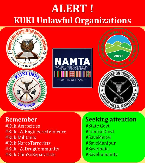 Alert for #Kuki unlawful Orgs
These are the unlawful organizations run by the #kuki groups from different places who are responsible for the current violence in #Manipur.
1. They support #illegal infiltration from Myanmar
2. They are against #NRC
3. They help #Chinkukiterrorist