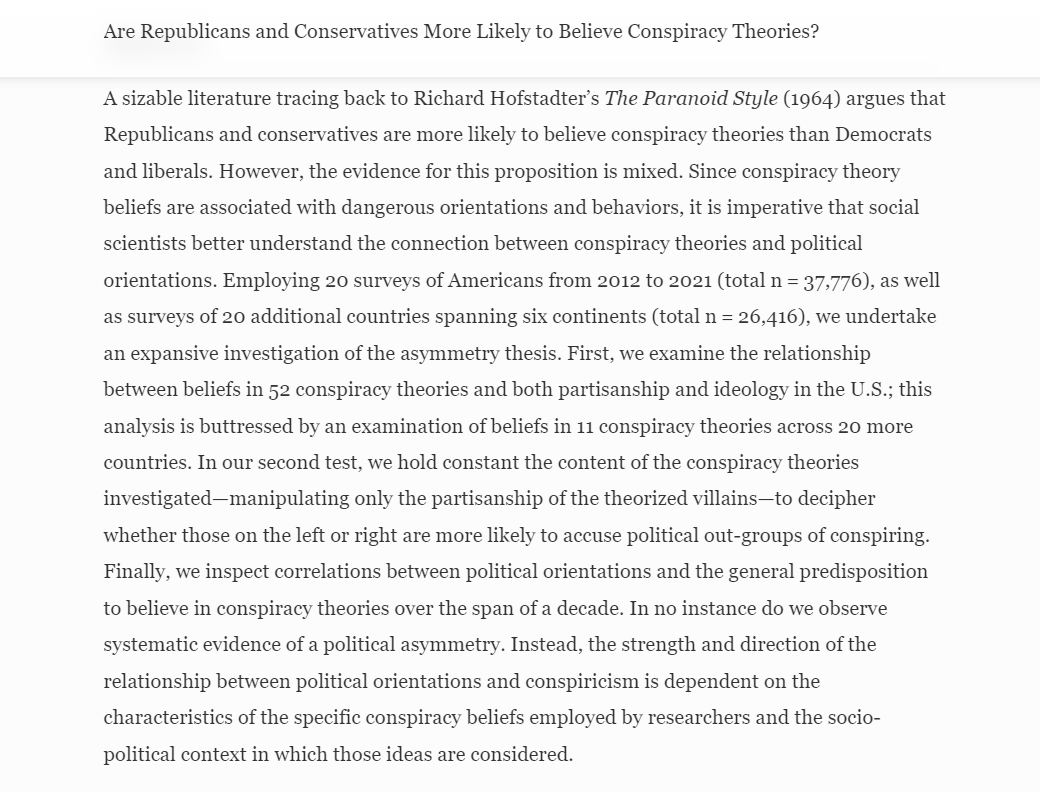 HDrochon's tweet photo. Thrilled to have our piece 'Are Republicans and Conservatives More Likely to Believe Conspiracy Theories' with my wonderful colleagues Adam Enders, @CFarhart, @PoliPsyProf, @JoeUscinski and @profgoose published in @PolBehavior!💥
Abstract & link👇
https://t.co/FV7duBcq00 https://t.co/tOMWKcO3e9