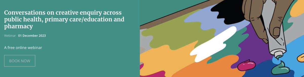 Excited to announce the first joint webinar with @RSPH @FPH @TheNCCH Conversations on creative enquiry across public health, primary care/education & pharmacy 1st Dec, 10 -11am Speakers include: Dr Ranjita Dhital; Caron Walker; Prof. Louise Younie. rsph.org.uk/event/conversa…