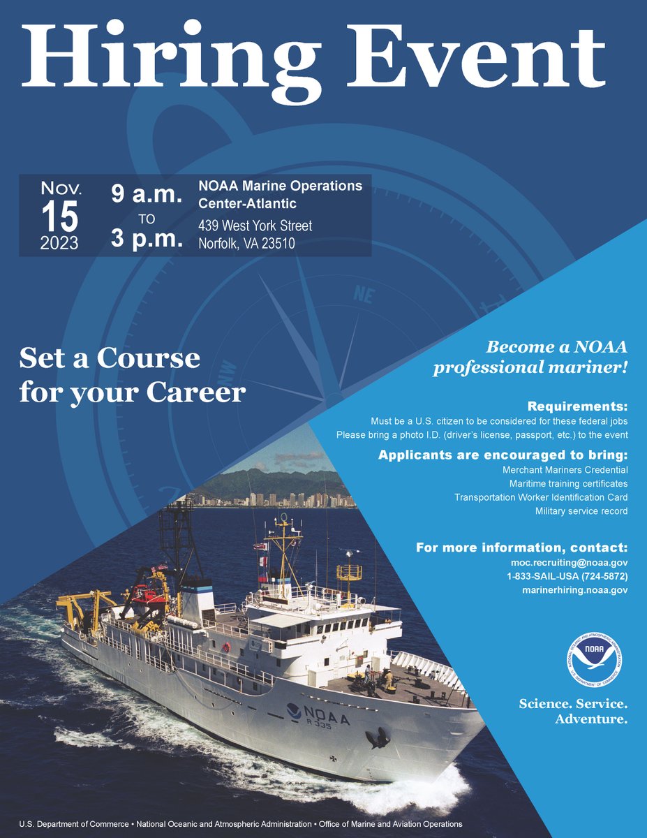 Calling all mariners! 🗣 Set a course for your career and sail with NOAA! If you're in the #VirginiaBeach area, join us in a couple weeks to learn more about the career opportunities we have for you. Qualified individuals may receive tentative job offers on the spot.