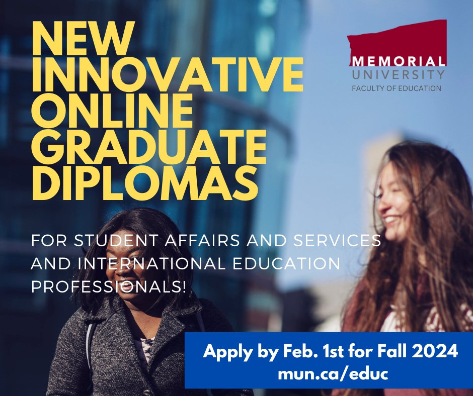 Memorial's Faculty of Education has two new graduate diplomas: one in International Education and one in Student Affairs! Online, part-time, pathways into M.Ed., Fall 2024 start mun.ca/educ/programs/…. Apply by Feb. 1st 2024! <a href="/CBIE_BCEI/">CBIE | BCEI</a> <a href="/ThePIENews/">The PIE News</a> <a href="/NAFSA/">NAFSA</a> <a href="/MemorialU/">Memorial University</a> <a href="/ANC_of_NL/">Association for New Canadians</a>