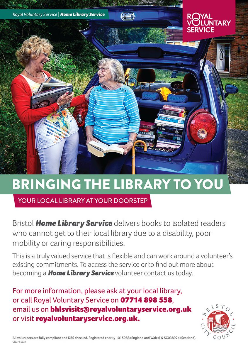 CommDevBristol's tweet image. Free library service for adults in Bristol who cant get to their library. DBS checked volunteers will call monthly  Contact to volunteer or if you would like this service.
BHLSVisits@royalvoluntaryservice.org.uk  07714898558 #Visitinglibraryservice #Libraryservice #volunteering