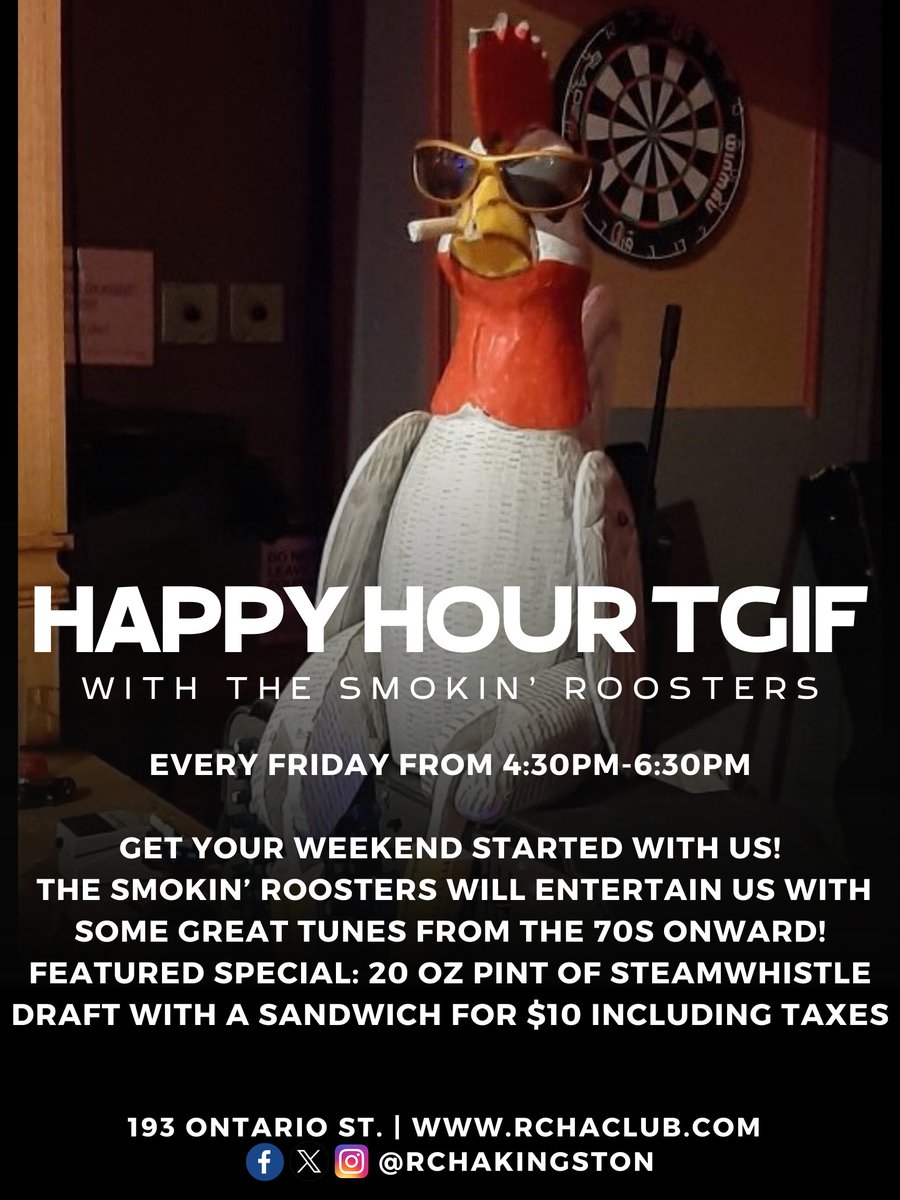 RCHAKingston's tweet photo. Get your weekend started with us at a new time! Smokin' Roosters will entertain us with some great tunes from the 70's onward! Drink specials are available plus be sure to ask us about our featured special! #ygk #livemusic #ygkmusic #rchaygk https://t.co/CBnauqJyfm