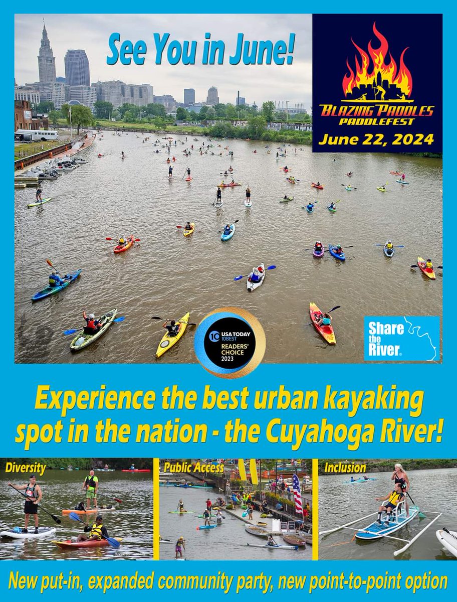 It's official - our date for the 6th annual Blazing Paddles Paddlefest is June 22, 2024!
This date is a month earlier than our traditional date in order to minimize logistics challenges associated with the @CLEmasters2024 (July 12-21, 2024).
#CuyahogaRiver