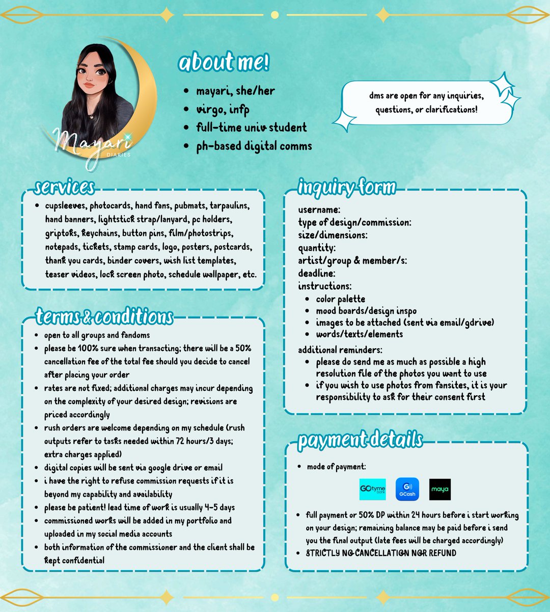 mayaridiaries's tweet photo. let's make your imagination come to life, 
shall we? ‧͙⁺˚*･༓☾

hi, i'm mayari 🌙
welcome to my diary ⋆.ೃ࿔*:･

🗝 read t&amp;c and see rates &amp; price list 
before transacting

🩵 portfolio: #talaarawannimayari 
🩵 proofs: #likhanimayari https://t.co/yYb3ppWumO