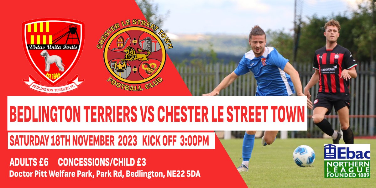 𝙉𝙀𝙓𝙏 𝙐𝙋 at home | <a href="/CestrianTweet/">Chester le Street Town FC</a> 

See you there Terriers!  🔴⚪

📅 Saturday 18th November 2023
⏰ 3:00pm KO
🎟️ Adult £6/Concession £3
🌭 2:30pm Cafe
🧃  12:30pm Bar open