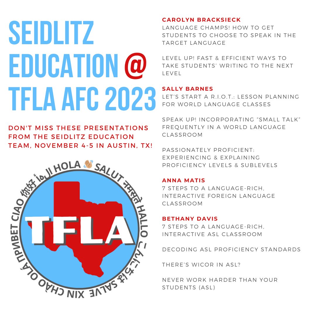 We are so excited for #TFLAAFC23, coming up THIS WEEKEND! The Seidlitz team will be there in full force, with presentations from @AnnaTeachesMLLs, @SallyBarnesTX, @cbracksieckGRHS, & @7StepsASL. Who will we see there? @TFLA_Tweets