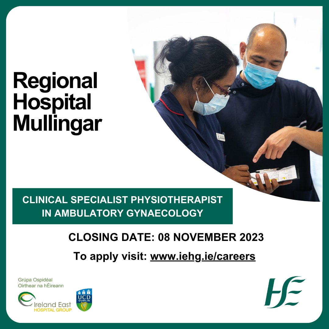Regional Hospital Mullingar is recruiting for: - Chief 1 Respiratory Physiologist in Integrated Care - Physiotherapist Senior, Practice Tutor - Clinical Specialist Physiotherapist in Ambulatory Gynaecology For more information & to apply, visit: iehg.ie/careers