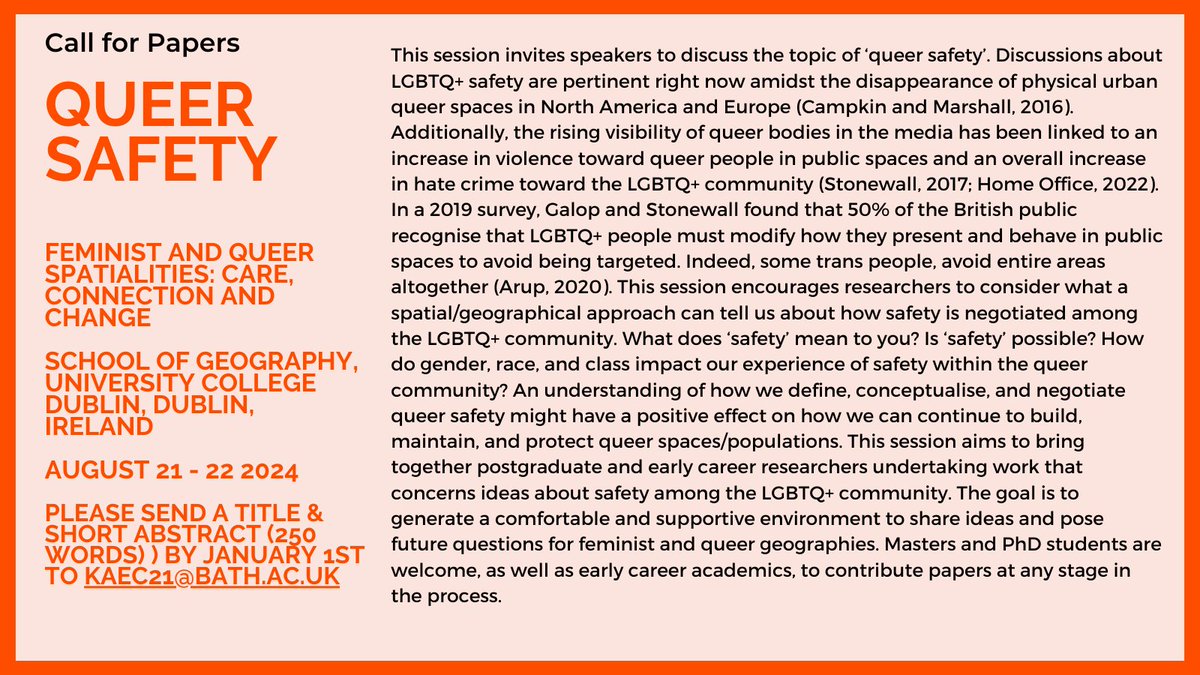 🌈 A Call for Papers 🌈 

Submit your abstracts on 'Queer Safety' by January 1st 

Masters, PhD students and Early career academics welcome!