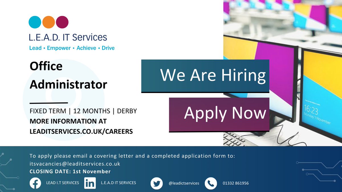 ⭐ WE'RE HIRING ⭐ We are currently recruiting for 2 x Fixed Term Office Administrators. Hours of work are Mon to Thurs 8.30am-4.30pm & Fri 8.30am-4pm Closing date: Midnight, 1st November 2023 Apply Now at: leaditservices.co.uk/office-adminis… #job #office #admin #hiring #Derby