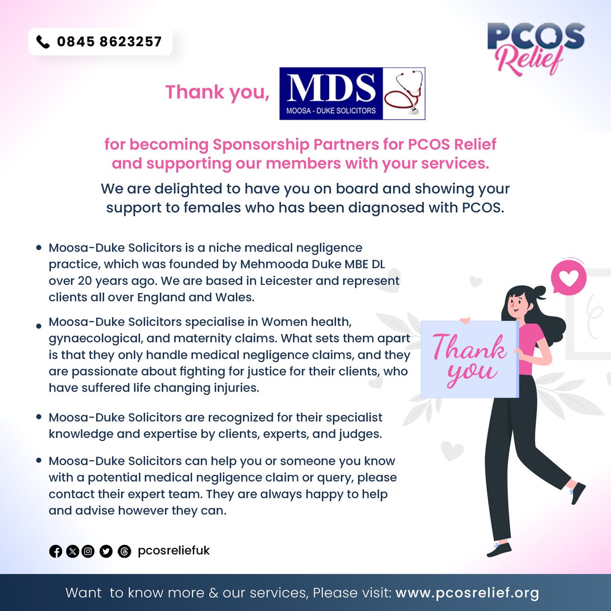 PCOS_Relief's tweet image. We&apos;re delighted to announce that Moosa-Duke Solicitors is now a sponsorship partner for PCOS Relief, providing unwavering support to females diagnosed with PCOS. 💙💪
#PCOSRelief #SupportingWomen #PCOSAwareness #moosadukesolicitors
@moosaduke
@SANTANUACHARYA3
...