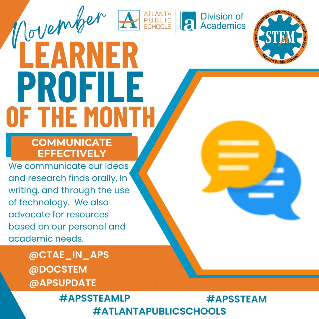 We are highlighting #communicateeffectively this month for the #apssteam Learner Profile of the Month. Let’s see/hear how you are doing. @ctae_in_aps