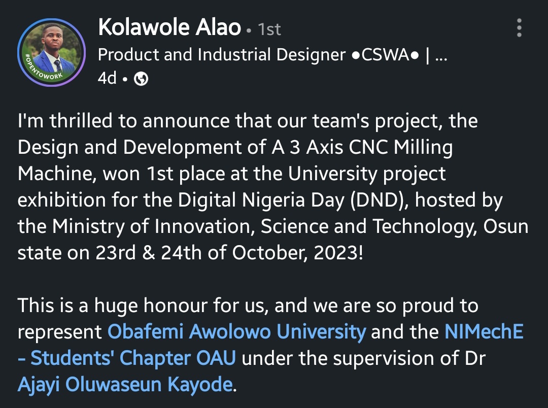 mide_kiki's tweet photo. ALAO KOLAWOLE IS NOT A FRAUDSTER!
He's a Mechanical Engineering Genius who recently showcased his project at the Ministry of Innovation, Science and Technology, Osun State
He's an intellectual, an academician, and a Tech Bro
ALAO KOLAWOLE IS NOT A FRAUDSTER! https://t.co/IAKzzCChXc