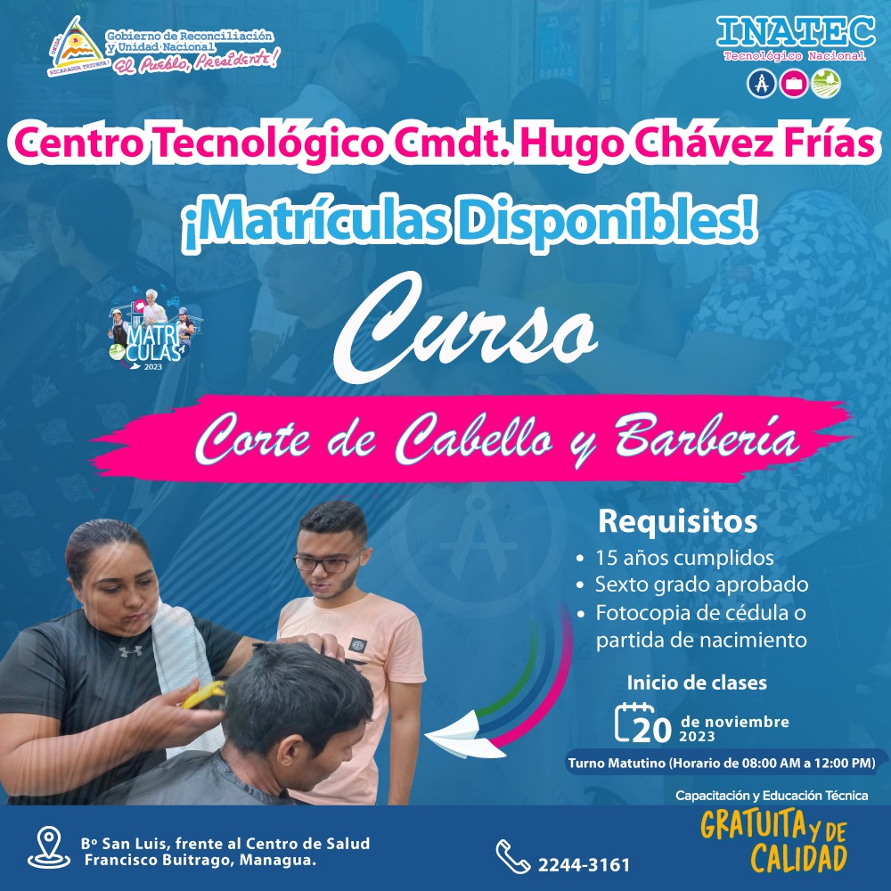 Cupos Disponibles✂️🪮

¡La oportunidad que estabas esperando llegó!, matricúlate en el Curso de Corte y Barbería, seguimos brindando a los jóvenes y adultos la oportunidad de aprender un oficio. 
<a href="/SoySandinista19/">Soy Sandinista</a>
<a href="/Atego16/">@🅰🆃🅴🅶🅾 🇳🇮</a>
<a href="/PortoSandinista/">Porto Sandinista ❤🖤</a>
#SoyTecNicaragua🇳🇮