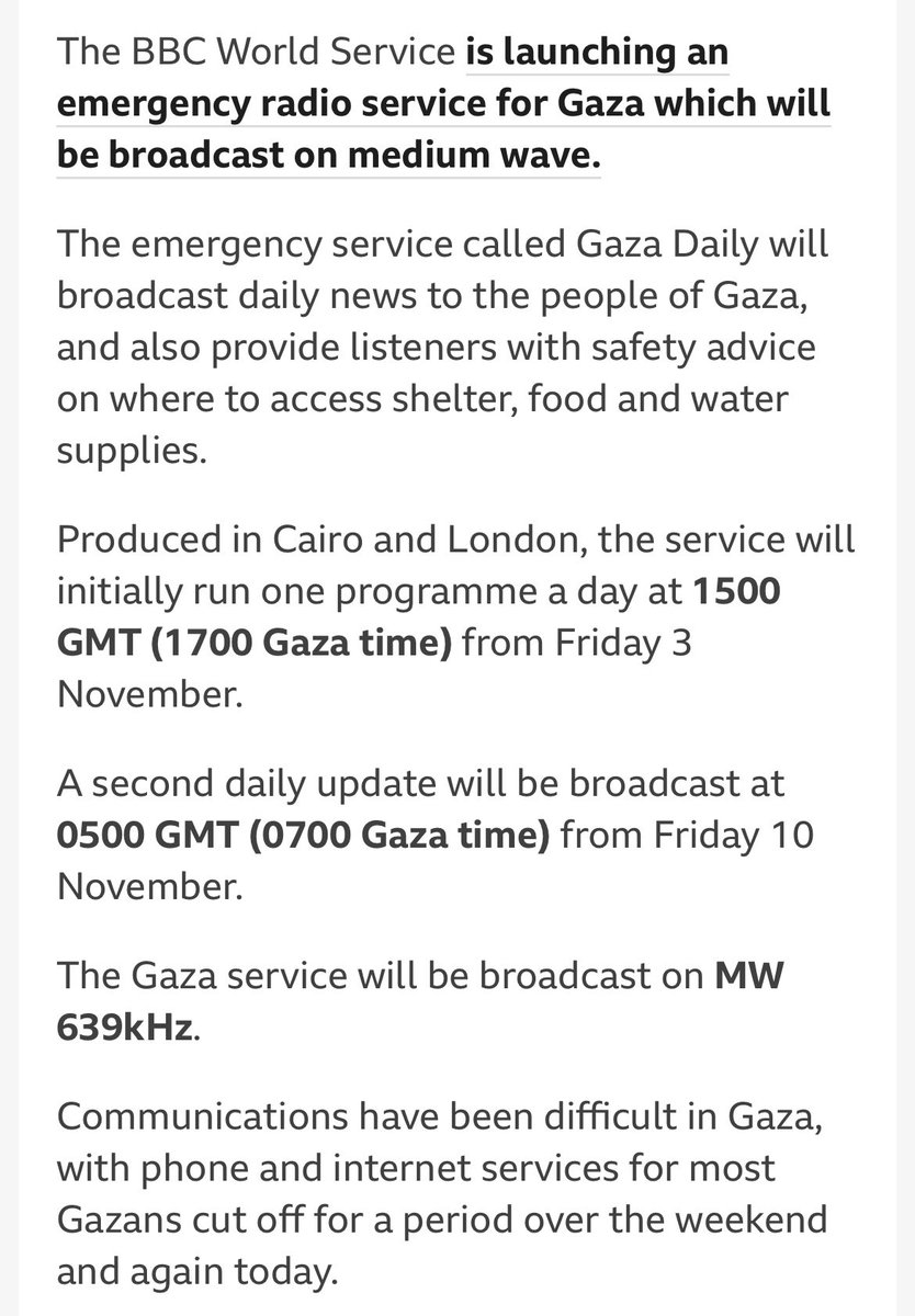 BBC to provide emergency radio service for Gaza