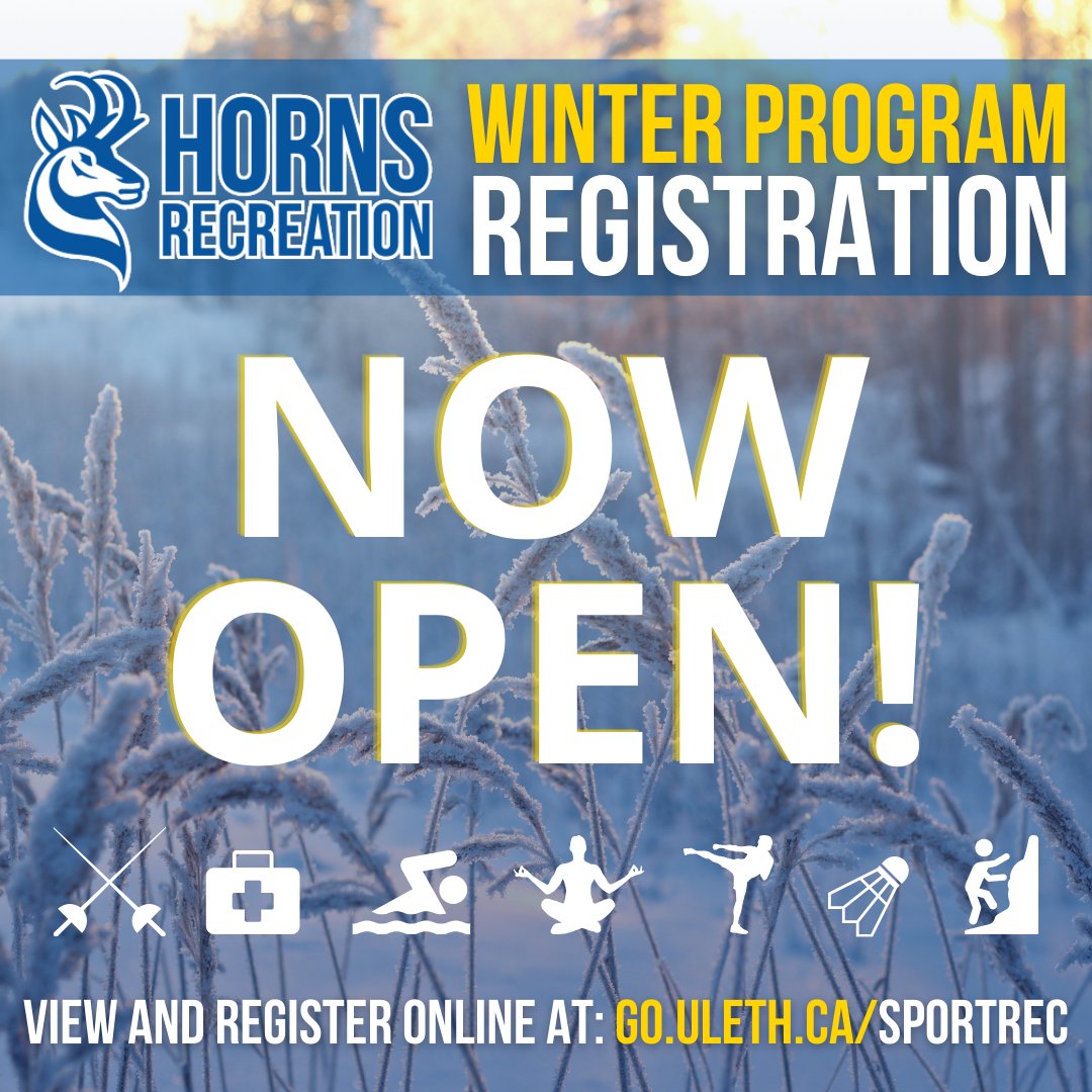 Registration is NOW OPEN for our WINTER programs! Don't miss out on our quality lineup of activities, secure your spot today! To view and register for programs, visit: go.uleth.ca/sportrec