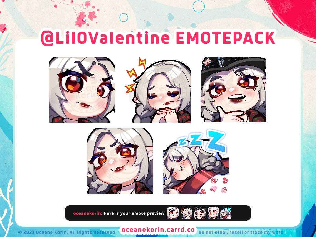 「 🦇Custom Emotes 🪕」

I had the opportunity to draw some new emotes for the amazing @LilOValentine ! (๑ >◡< ๑) 
Thanks for your support!

#ValentinesBounty #TwitchEmoteArtist #twitchemotes