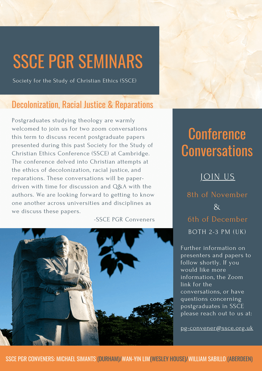 [SAVE THE DATES!] 8 Nov &amp; 6 Dec 2023

Please email pg-convener@ssce.org.uk to receive the Zoom link and the pertinent paper for our conversation. Any theology postgraduate students are welcome to participate, so email those you think would be interested. 

SSCE PG Conveners