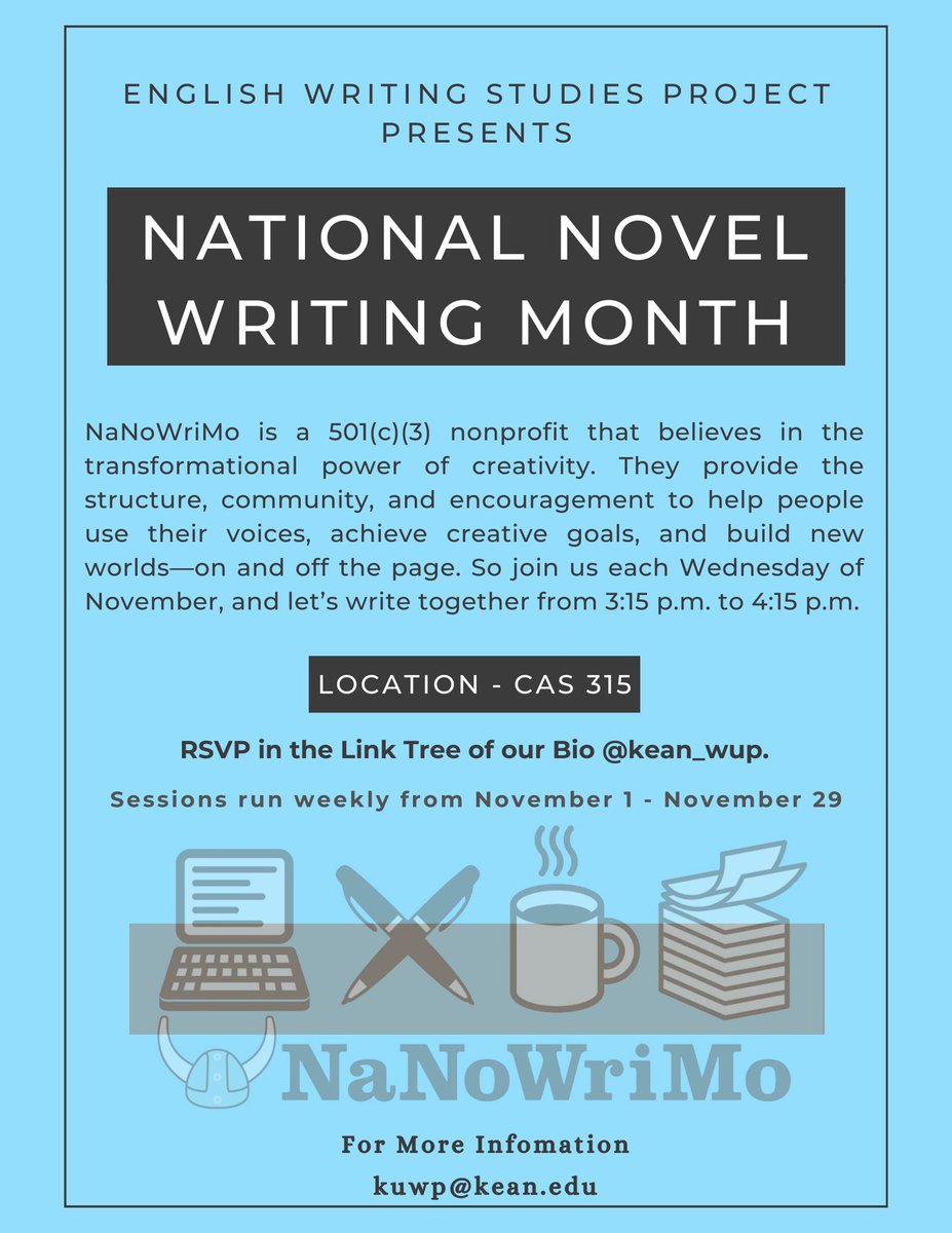 KUWP's tweet photo. It’s Official! National Novel Writing Month! 🙌

Let’s begin writing together all month long! ✍️

RSVP in the Link Tree of our Bio @kean_wup. 🌴

*Open to Graduates and Undergraduates of all programs.

@keanenglish @keangradschool #nationalnovelwritingmonth 📓🖊️ https://t.co/myfspcU02x