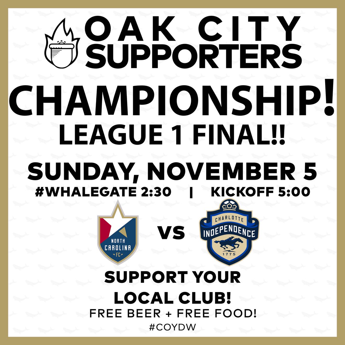 Help us spread the word. <a href="/NorthCarolinaFC/">x - North Carolina FC</a> is playing for the Championship on Sunday! We start tailgating at 2:30. Your RT's help get the word out. #COYDW