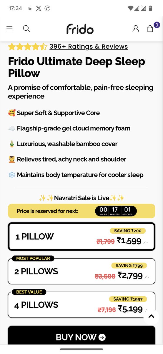 SharmaAbhinav27's tweet photo. Cred points are useless and the way they are advertised is misleading. E.g. These pillows after the 'special' 65% discount are still more expensive then the current price at Frido's own (pack of 4) website @CRED_club @kunalb11 #cred https://t.co/XnIAstvbzn