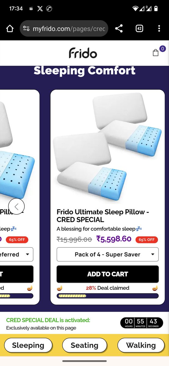 SharmaAbhinav27's tweet photo. Cred points are useless and the way they are advertised is misleading. E.g. These pillows after the 'special' 65% discount are still more expensive then the current price at Frido's own (pack of 4) website @CRED_club @kunalb11 #cred https://t.co/XnIAstvbzn