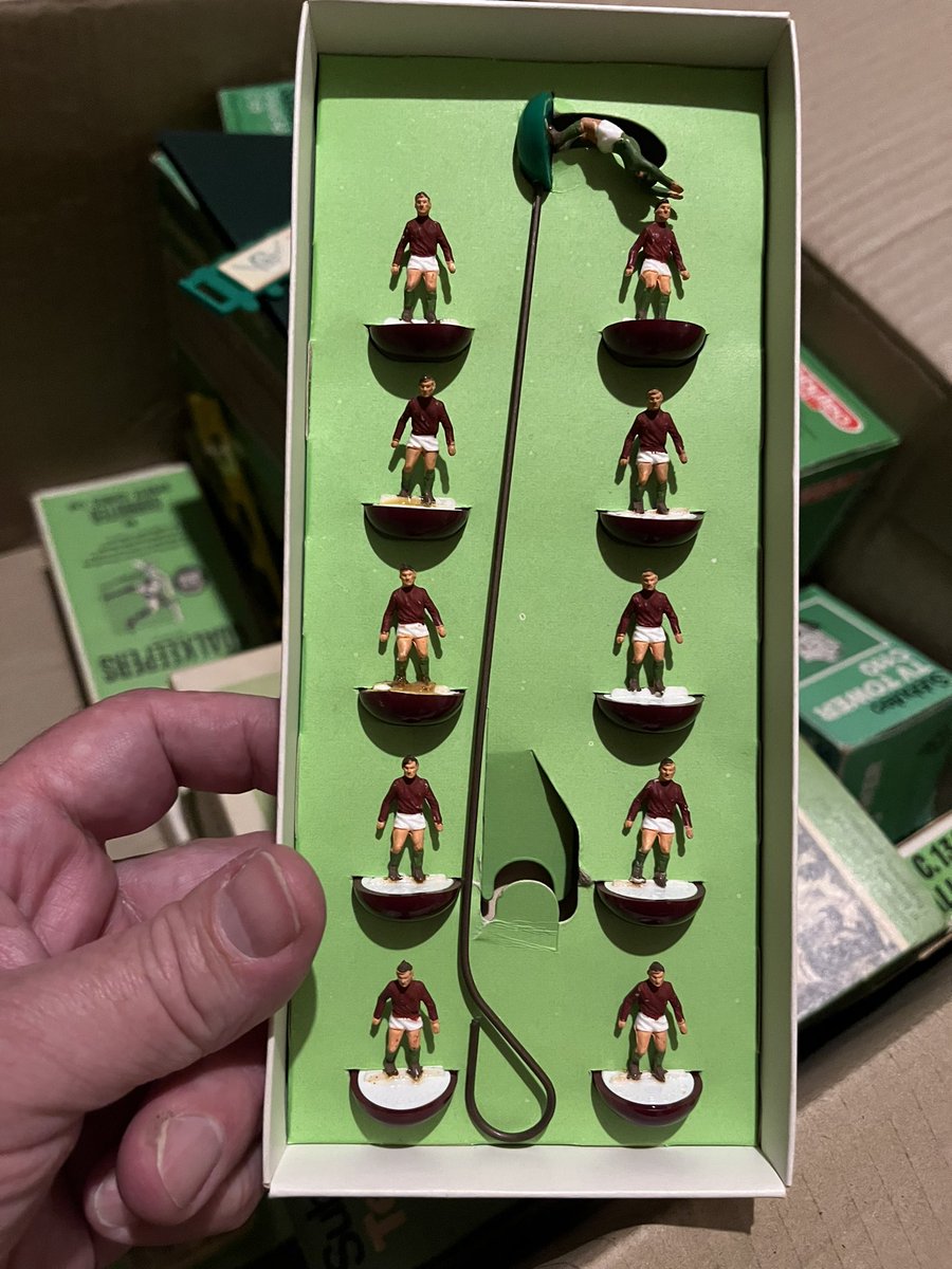 rocking_bob's tweet photo. Bit niche this… unpacking my Subbuteo collection after moving house. Anyone have an idea on which team this is? A Hearts variation? Unnumbered box. I’d totally forgotten I had it. @subbuteo_paints @helcol123subbu1 @SubbuteoMill https://t.co/si6Q3rRcCL