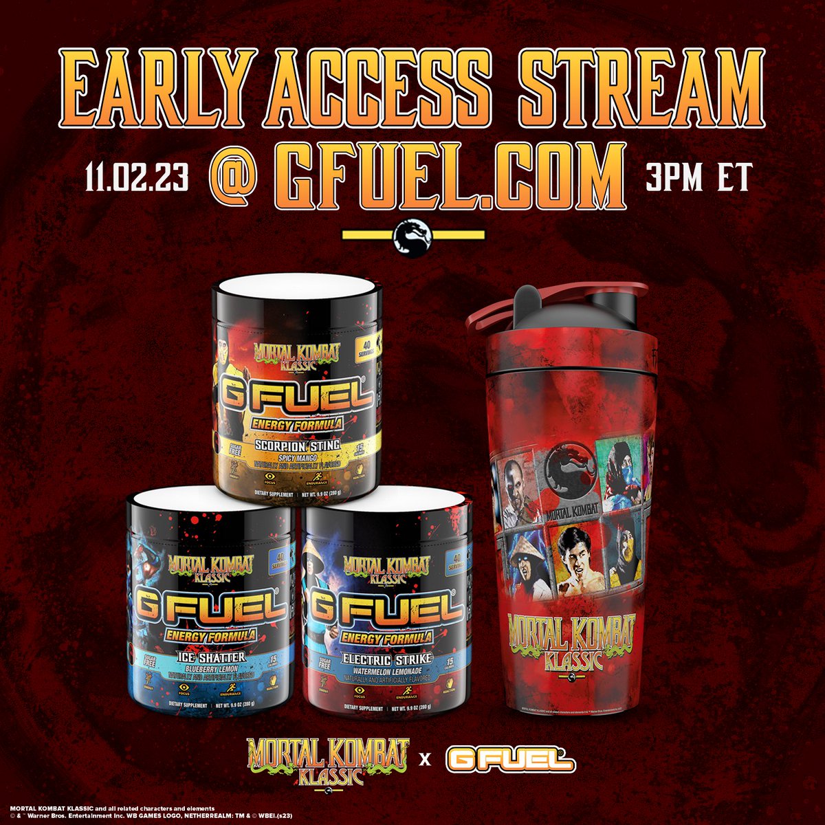 G FUEL® (@gfuelenergy) on Twitter photo 🚨 Wanna be the 1st to secure an item from our <a href="/MortalKombat/">Mortal Kombat 1</a> x #GFUEL "𝐌𝐊 𝐊𝐋𝐀𝐒𝐒𝐈𝐂" Collection?! Tune into our EARLY ACCESS STREAM tomorrow and get involved!
🧡 𝐑𝐓 to win a Tub of your choice! 2 winners picked tomorrow!
⏰ Nov 2nd! 3pm ET!
🛒 GFUEL.ly/live 🚨 Wanna be the 1st to secure an item from our <a href="/MortalKombat/">Mortal Kombat 1</a> x #GFUEL "𝐌𝐊 𝐊𝐋𝐀𝐒𝐒𝐈𝐂" Collection?! Tune into our EARLY ACCESS STREAM tomorrow and get involved!
🧡 𝐑𝐓 to win a Tub of your choice! 2 winners picked tomorrow!
⏰ Nov 2nd! 3pm ET!
🛒 GFUEL.ly/live