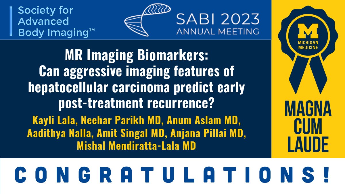 Michigan Radiology (@umichradiology) on Twitter photo Congratulations Kayli Lala and colleagues for winning Magna Cum Laude Award (Three-Pearls) at <a href="/SABImaging/">Society for Advanced Body Imaging | SABI</a> Annual Meeting.
MR Imaging Biomarkers: Can aggressive imaging features of hepatocellular carcinoma predict early post-treatment recurrence?"
drive.google.com/file/d/1kvwbOi… Congratulations Kayli Lala and colleagues for winning Magna Cum Laude Award (Three-Pearls) at <a href="/SABImaging/">Society for Advanced Body Imaging | SABI</a> Annual Meeting.
MR Imaging Biomarkers: Can aggressive imaging features of hepatocellular carcinoma predict early post-treatment recurrence?"
drive.google.com/file/d/1kvwbOi…
