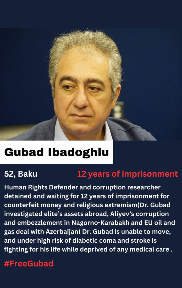 I am writing this with a heavy heart, my father's life hanging by a thread. He lies in an 🇦🇿 detention center, unable to move. My father, who criticized our government, now teeters on the brink of a diabetic coma and stroke. The court's refusal to release him to hospital is an…