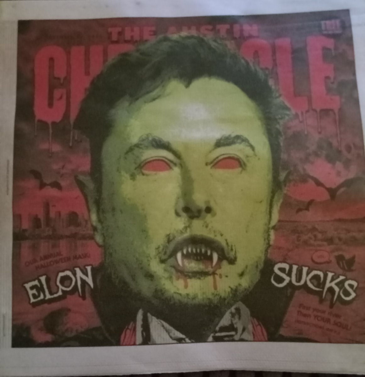 5thInLine's tweet image. 🎃This is what Austin thinks of Elon. The city where Tesla &amp;amp; the Borning Co. are located. Austin Chronicle Tradition of supplying a yearly Halloween mask to readers. 🔥