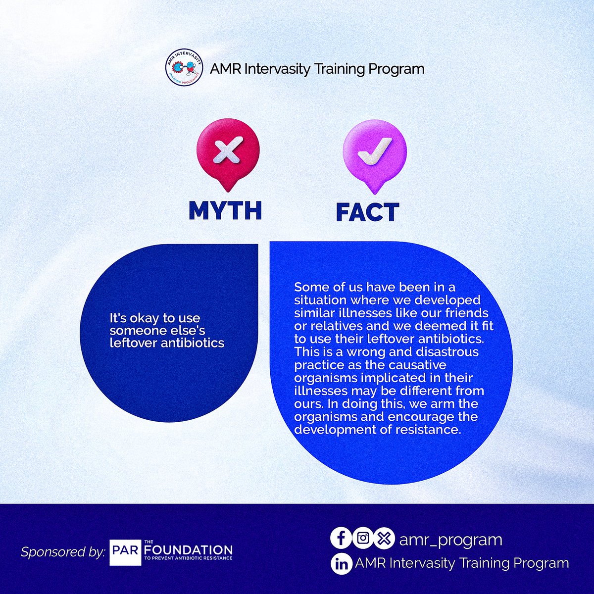 Using someone else's leftover antibiotics is risky, potentially harmful and can lead to antimicrobial resistance. Always take antibiotics as prescribed by a physician. #AMRresistance #AMRfighters #AMRAwareness #AMRInterversityProgram