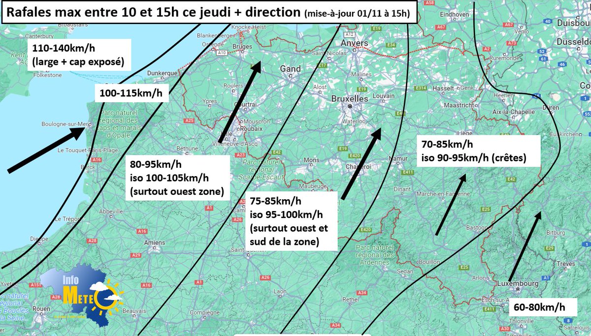 InfoMeteoBel's tweet photo. Prévision des rafales maximales attendues en Belgique et dans le nord de la France ce jeudi 02/11 https://t.co/OlBJBI1CVO