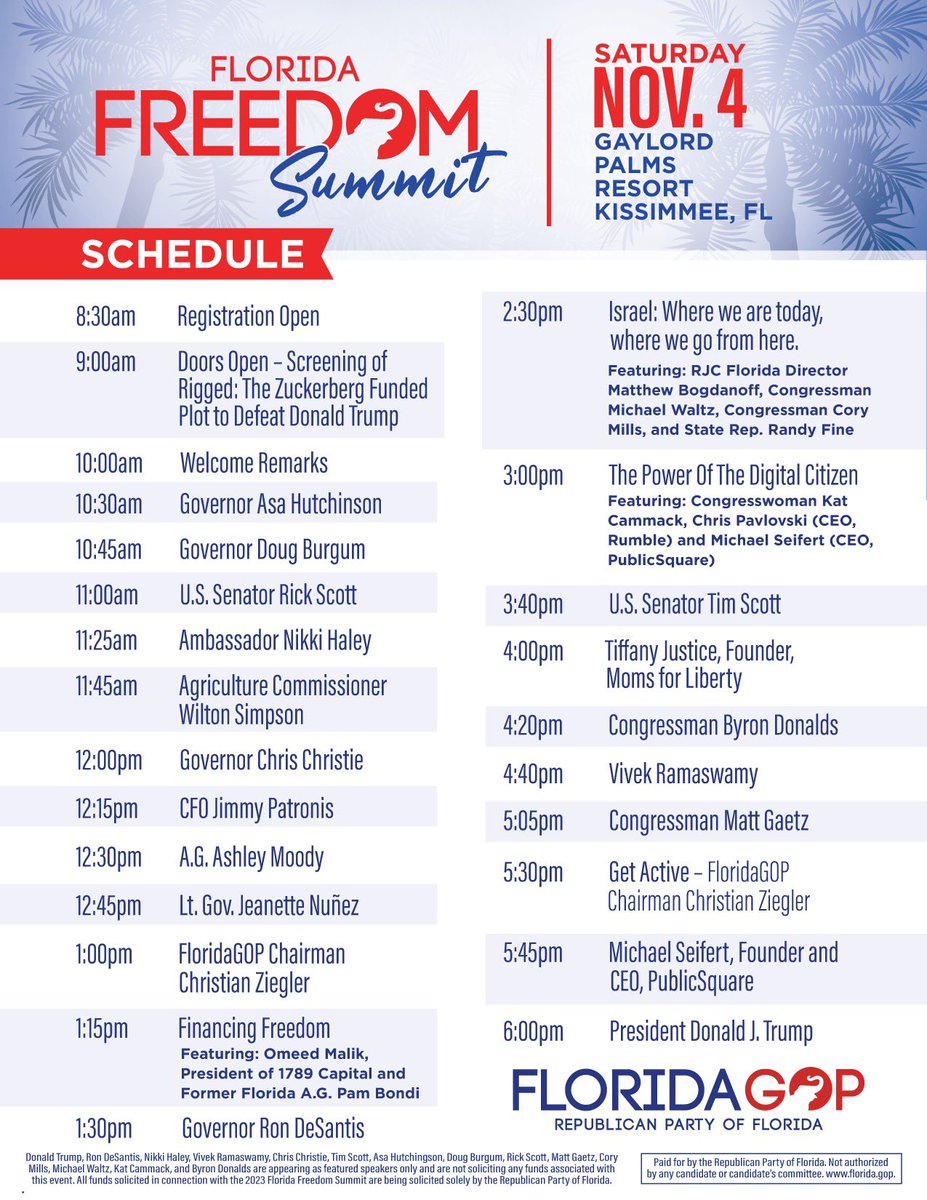 With as many Republican Rockstars as we have in Florida, it has been a tough task to fit them all into 1 day. Great problem to have! Come see all 8 Presidentials, A+ Congressmen, entire Republican cabinet THIS SATURDAY >>> FloridaFreedomSummit.com