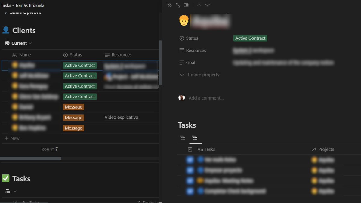 Tomas_notion's tweet image. Fácil:
Dos bases de datos
- Proyectos
- Tareas
Las relacionas entre si y ya tenés un sistema para gestionar varios proyectos a la vez, con sus tareas correspondientes.