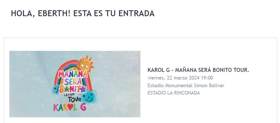 3berth's tweet image. #KarolG Después de estar pegado a la página de @Ticketmundo_ve sufriendo desde las 10:00am…¡¡LOGRÉ COMPRAR LAS ENTRADAS!! 🎟️ 💪🏻Este que está aquí se va a CCS a ver a #LaBichota Karol G en el Monumental el 22/Marzo 🕺🏻 @karolg @VzlaShows