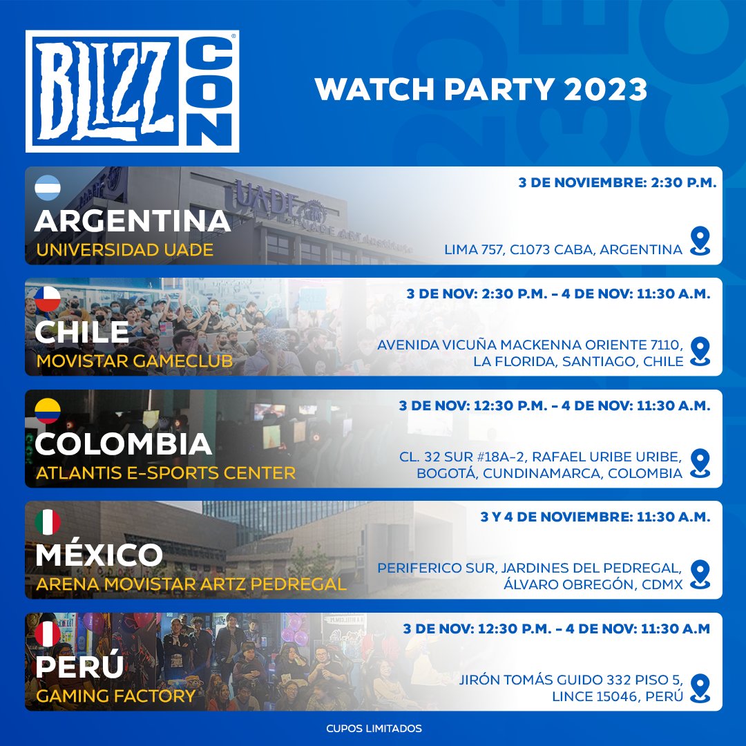 ¡Si no puedes asistir a la BlizzCon... la BlizzCon vendrá a ti! Te esperamos los días 3 y 4 de noviembre para que disfrutes y pases un rato genial junto a la comunidad 🔥

🇦🇷 En Argentina solo será el viernes 3 de noviembre y hay que llenar el formulario: blizz.ly/46UrbT0