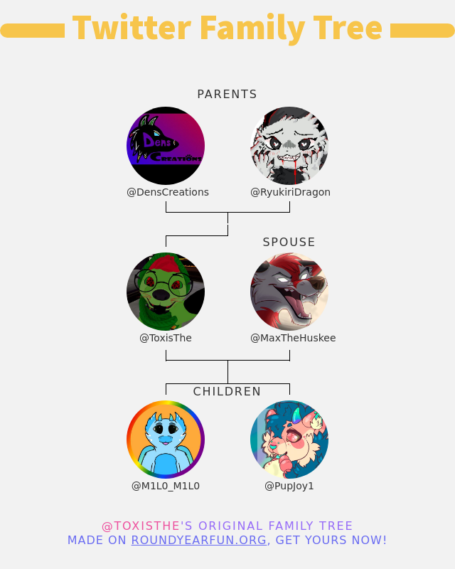 ToxisThe's tweet photo. 👨‍👩‍👧‍👦 My Twitter Family:
👫 Parents: @DensCreations @RyukiriDragon
👰 Spouse: @MaxTheHuskee
👶 Children: @M1L0_M1L0 @PupJoy1

➡️ https://t.co/nQt9zJhNaL https://t.co/pnFzoO5tpp