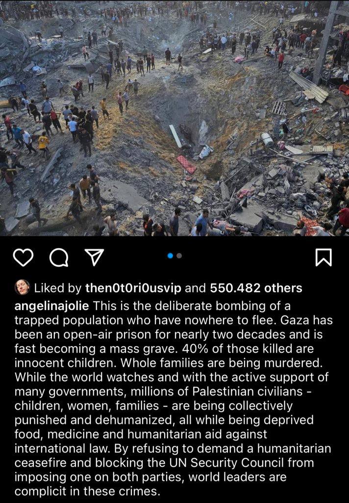 PlanetReportHQ's tweet photo. 🔴 BREAKING NEWS | 🇺🇸 | 🇮🇱
American actress #AngelinaJolie over Israeli strike on #Jabalia refugee camp:

This is the deliberate bombing of a trapped population who have nowhere to flee. 

Gaza has been an open-air prison for nearly two decades and is fast becoming a mass grave. 

40% of those killed are innocent children. Whole families are being murdered.

While the world watches and with the active support of many governments, millions of Palestinian civilians - children, women, families - are being collectively punished and dehumanized, all while being deprived food, medicine and humanitarian aid against international law. 

By refusing to demand a humanitarian ceasefire and blocking the UN Security Council from imposing one on both parties, world leaders are complicit in these crimes.

#Israel | #Hamas | #Gaza | #TelAviv 
#غزة_الآن | #غزة_تنتصر | #فلسطين | #غزة
#Tsahal | #Palestine | #إسرائيل | #Idf
#Halloween | #غزه_مقبرة_الغزاة | #Usa