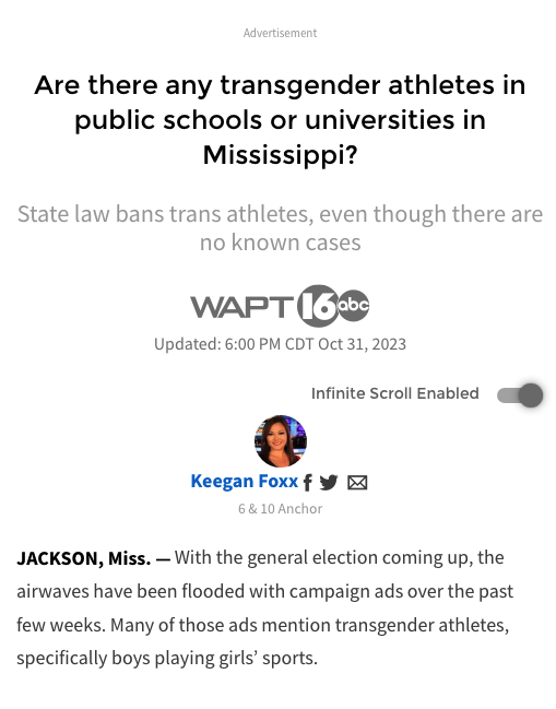AriDrennen's tweet image. With ads attacking trans athletes flooding Mississippi airwaves, a local reporter set out to answer a simple question: how many transgender athletes are trying to compete in the state? The answer...may surprise you.

(It's zero, there aren't any, this is an imaginary issue)