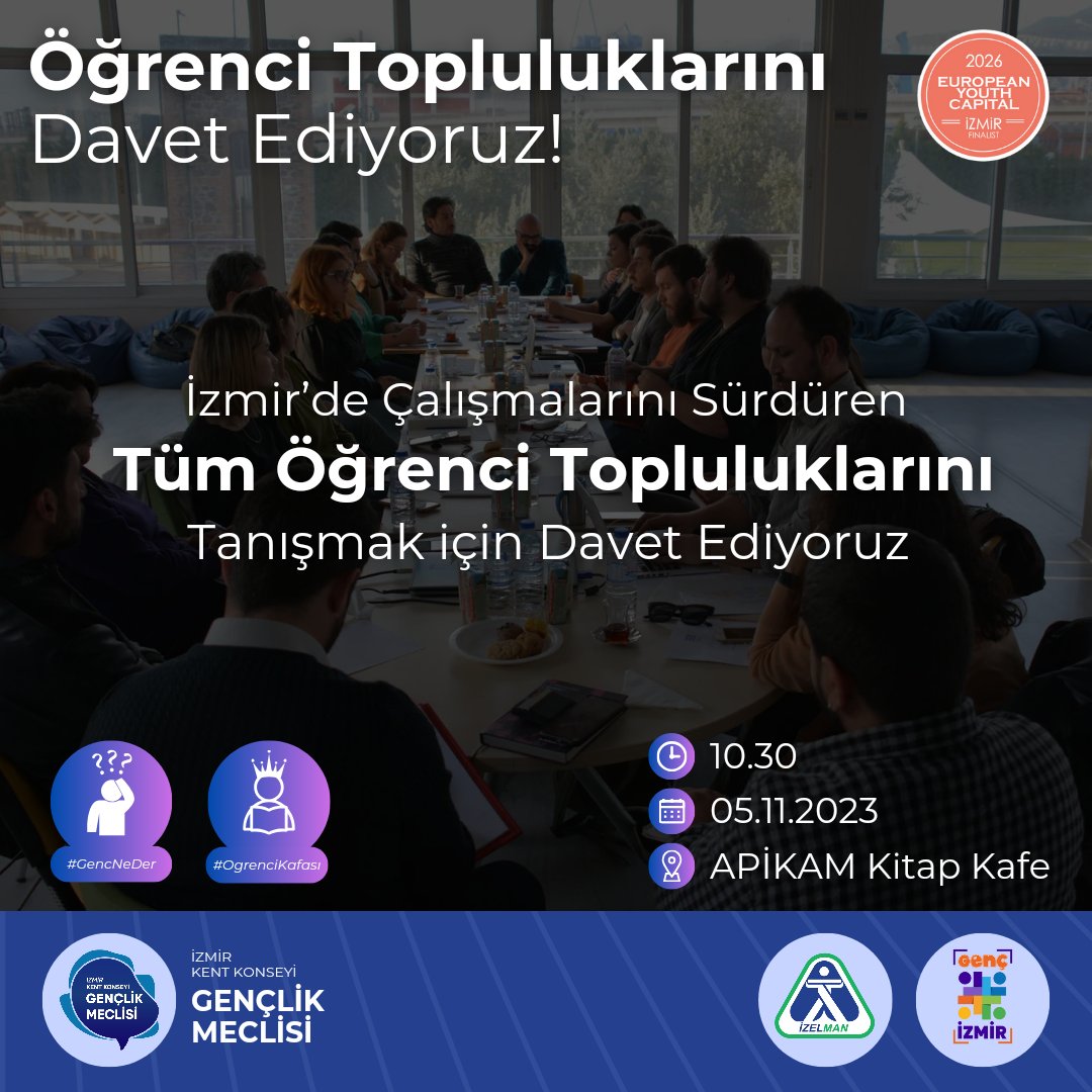 İzmir'de çalışmalarını yürüten öğrenci topluluklarını tanışmaya davet ediyoruz. Katılım için bit.ly/47gUm2s formu doldurmanız gerekmektedir.

<a href="/izbbgencizmir/">Genç İzmir</a>

#GencNeDer
#İzmirGenclikMeclisi