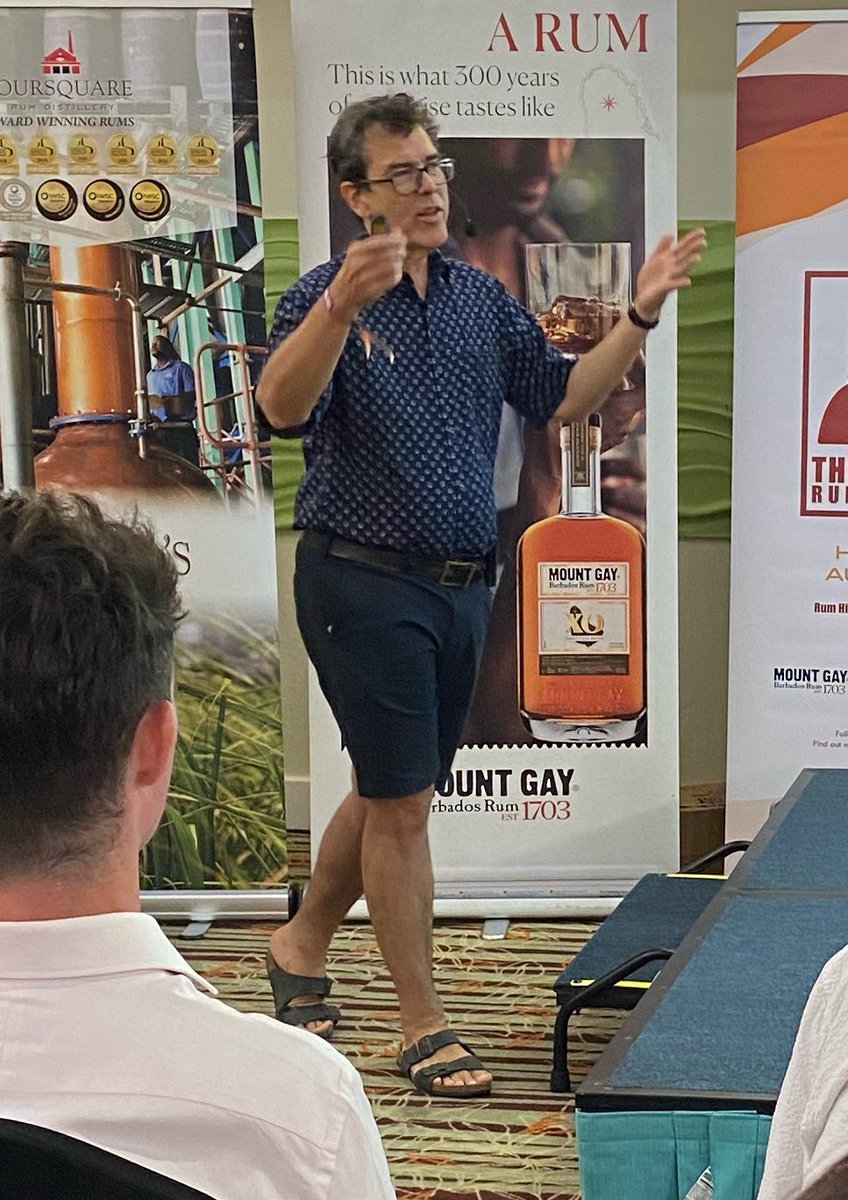 TheWhiskyWire's tweet photo. Another day of top notch seminars at the Barbados Rum Experience, from some of the most knowledgeable names in the place, people, production and pours of Barbados and the Caribbean: Dr Richard Drayton, Michael Delevante and Tara Inniss. Roll on the second day distillery trips tomorrow, but first things first, some beach time then the Foursquare Rum dinner. #BRE23 #BarbadosRumExperience #LoveRum #RumLove #Rum