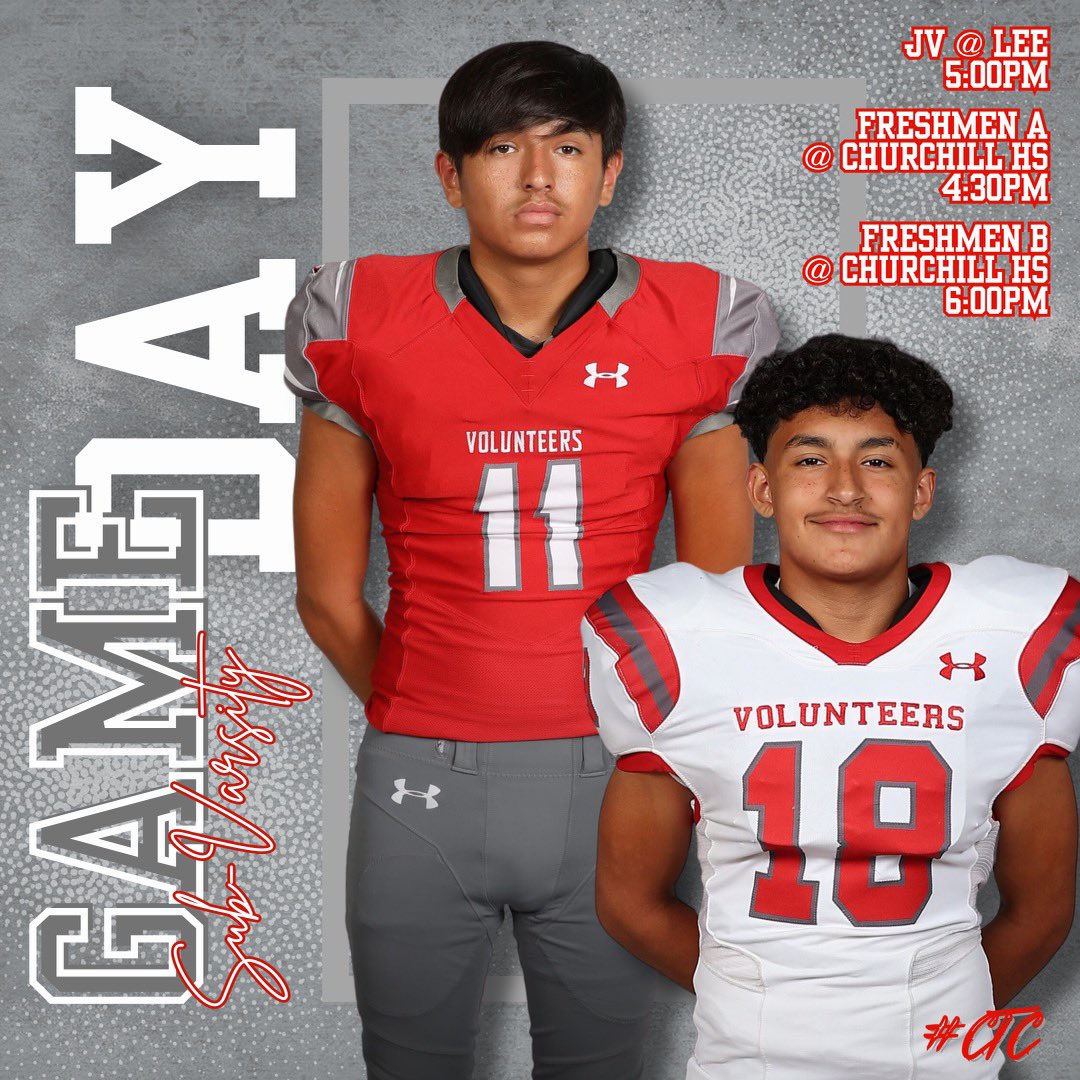 LEEVolsFootball's tweet photo. 𝐆𝐀𝐌𝐄 𝐃𝐀𝐘! 🔴⚪️
🆚 Churchill
JV:
⏰ 5:00 pm
📍LEE HS
🎟️ https://t.co/punEdjXSuR
Freshmen:
⏰ 4:30 pm A-Team; 6:00 pm B-Team
📍Churchill HS
🎟️ https://t.co/HwNtOFR7Di
Go Vols!!!
#ctc #beLEEve https://t.co/VAKl7NddgG
